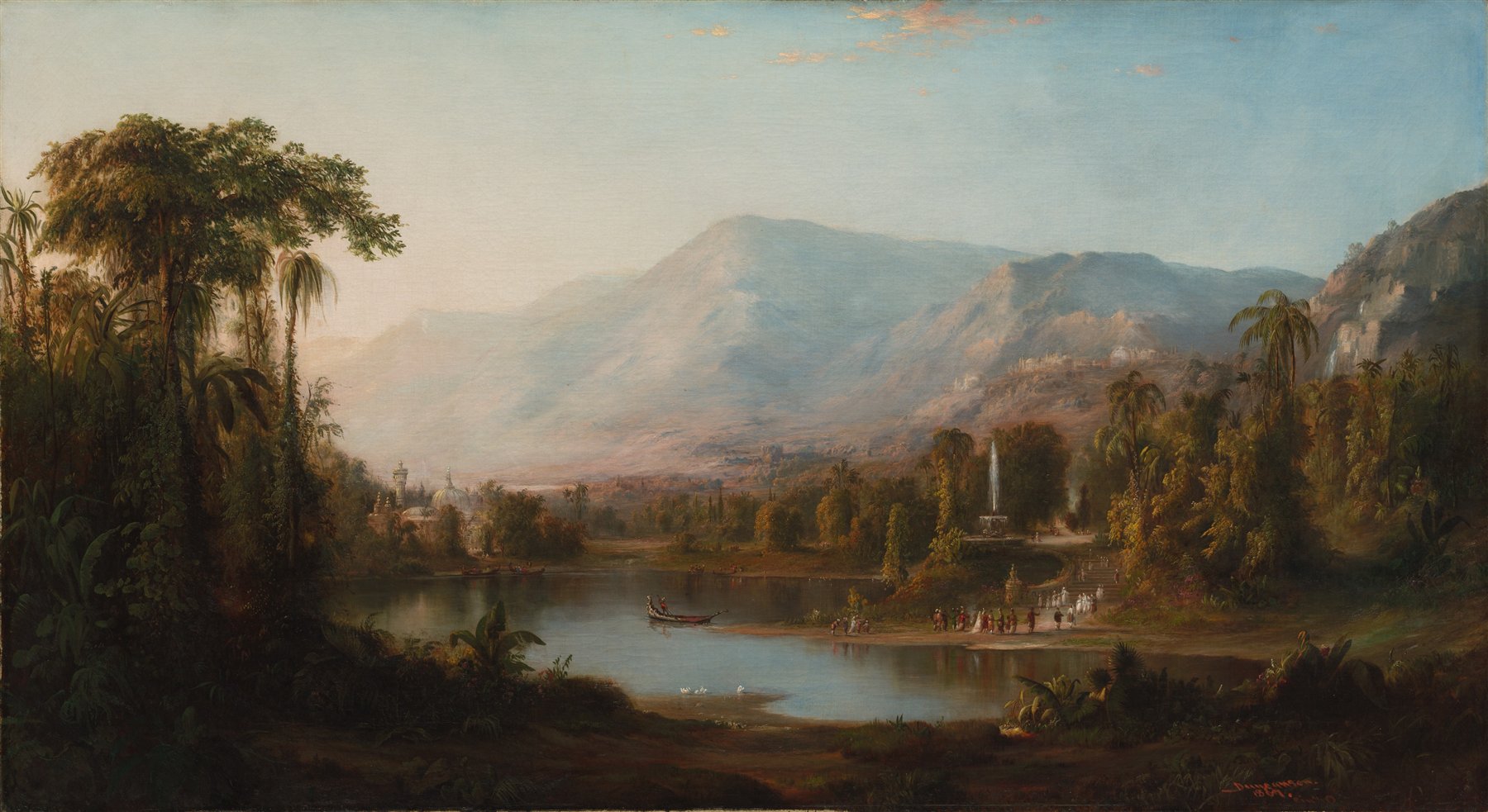 Vale of Kashmir by Robert S. Duncanson, 1867. A wide valley with a lake, palms and distant mountains.