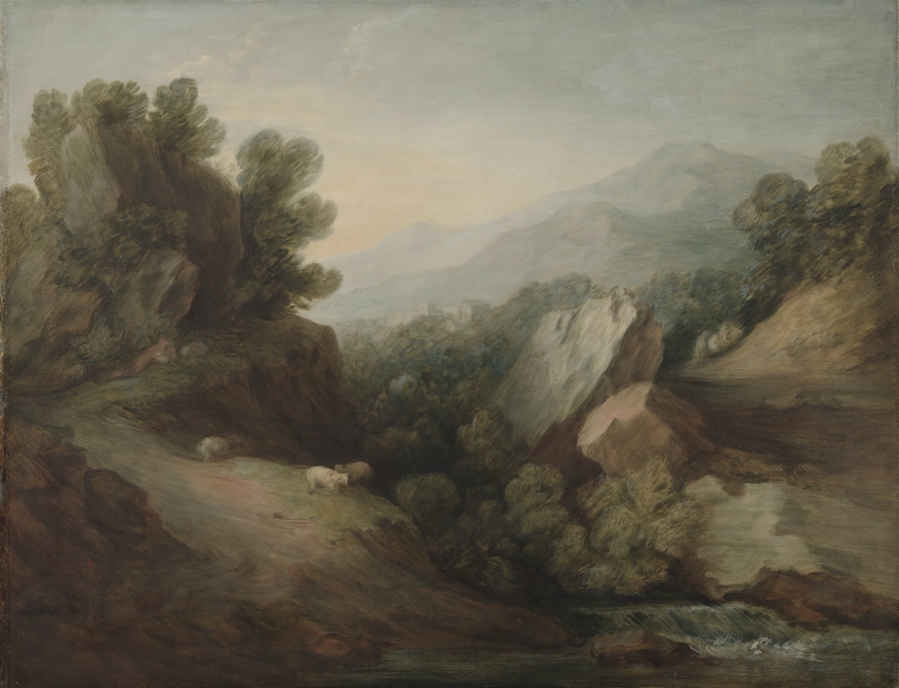 Rocky, Wooded Landscape with a Dell and Weir by Thomas Gainsborough, c. 1782–1783. A dark wooded valley with a stream and two sheep.