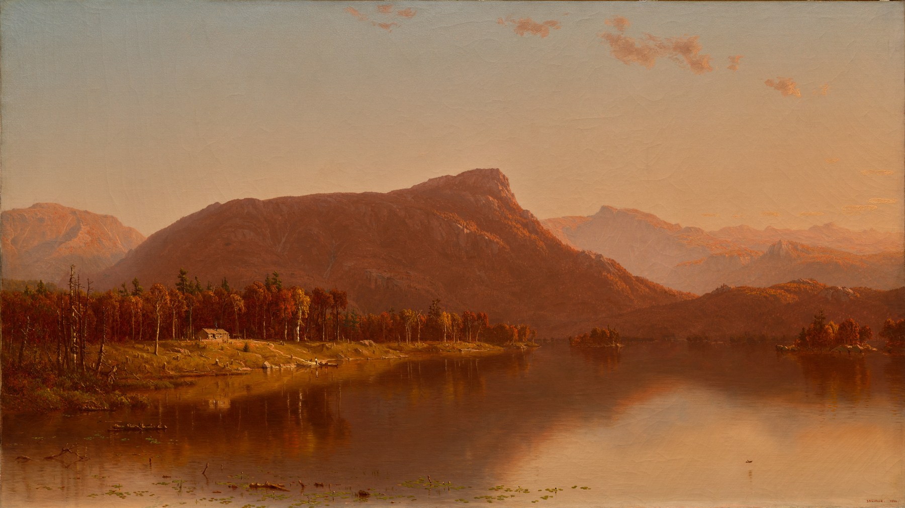 A Home in the Wilderness by Sanford Robinson Gifford, 1866. A warm sunset over a lake, a rocky hill and a small cabin.